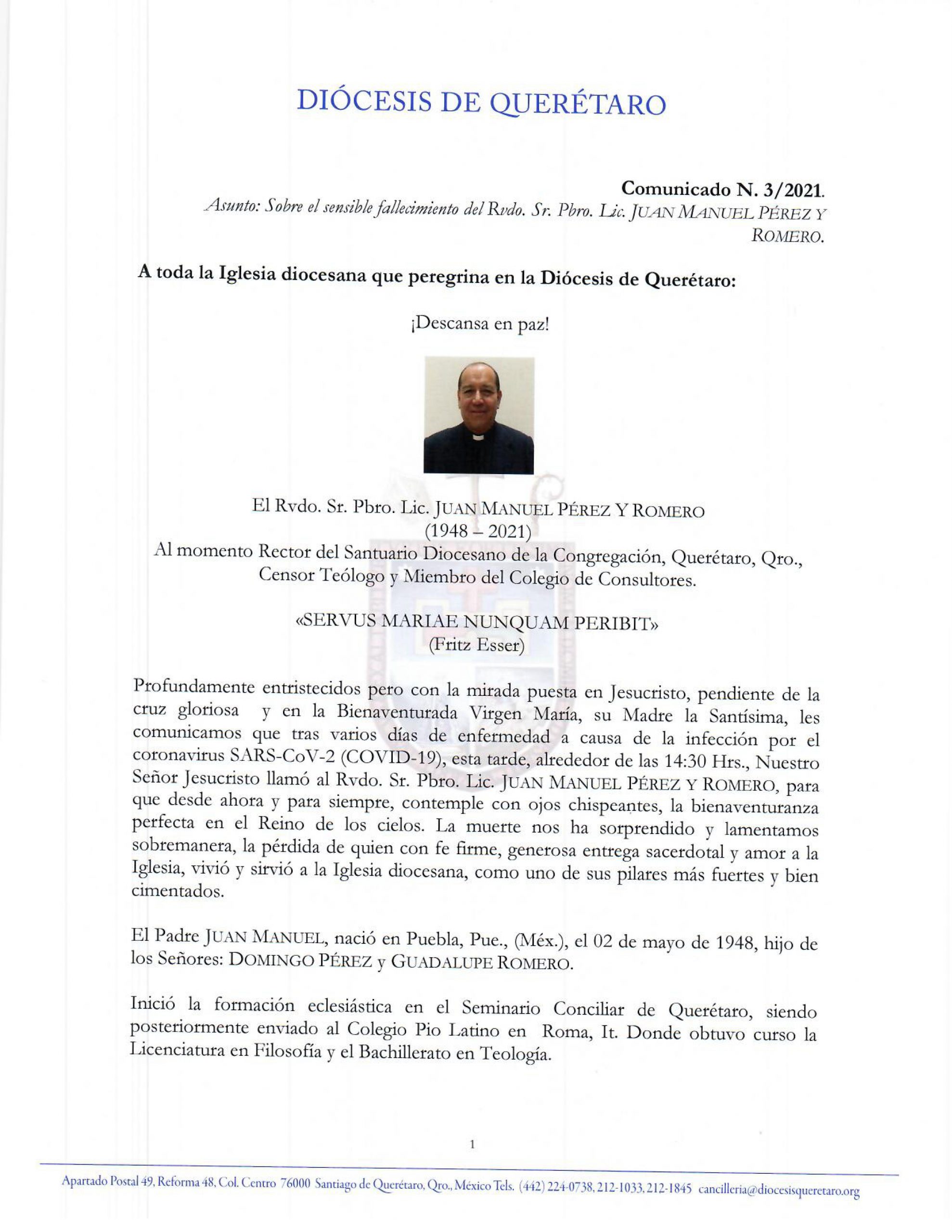 Comunicado N. 3/2021. Asunto: Sobre el sensible fallecimiento del Rvdo. Sr.  Pbro. Lic. JUAN MANUEL PÉREZ Y ROMERO. – Diócesis de Querétaro