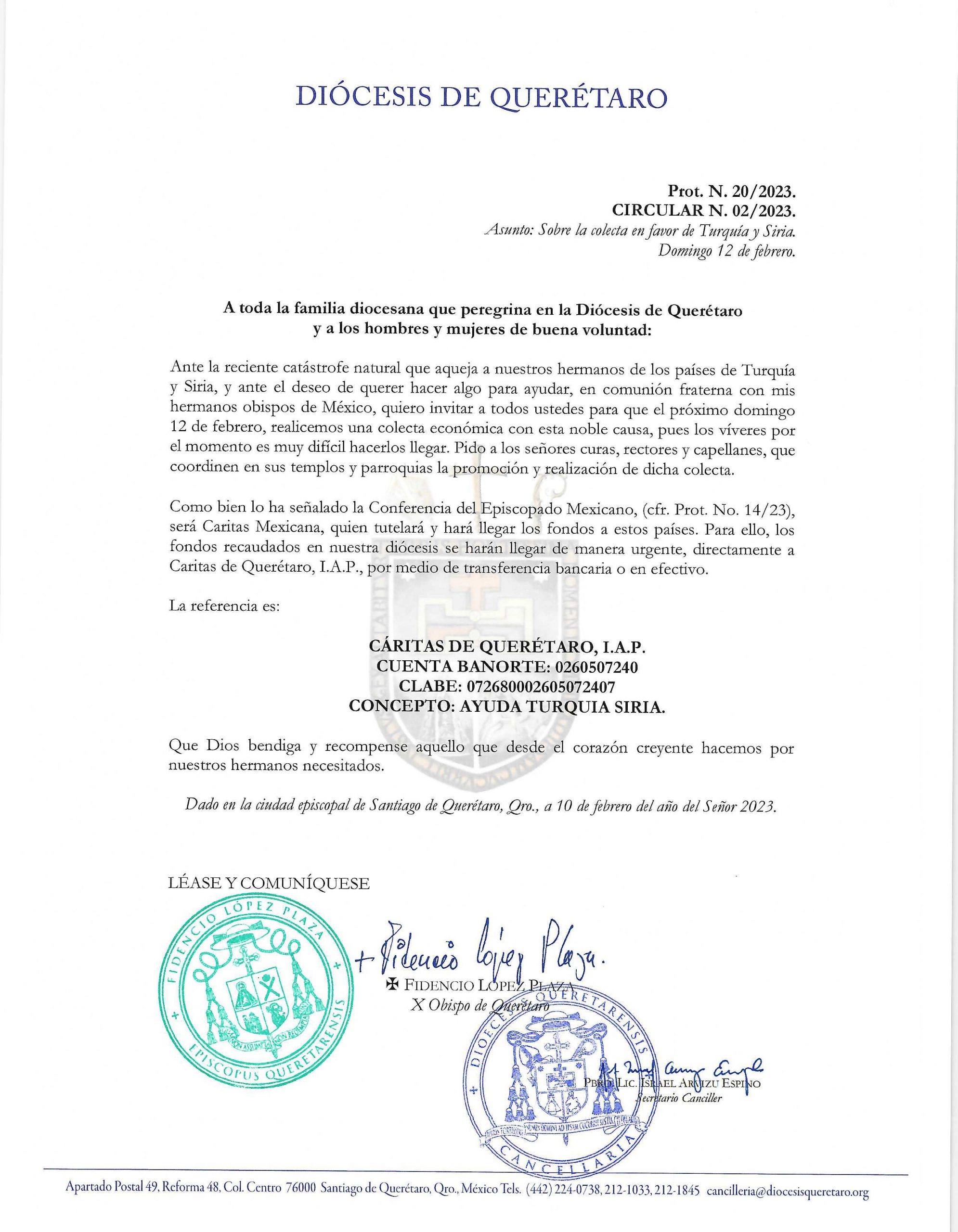 CIRCULAR N. 02/2023. Asunto: Sobre la colecta en favor de Turquía y Siria. Domingo 12 de febrero.