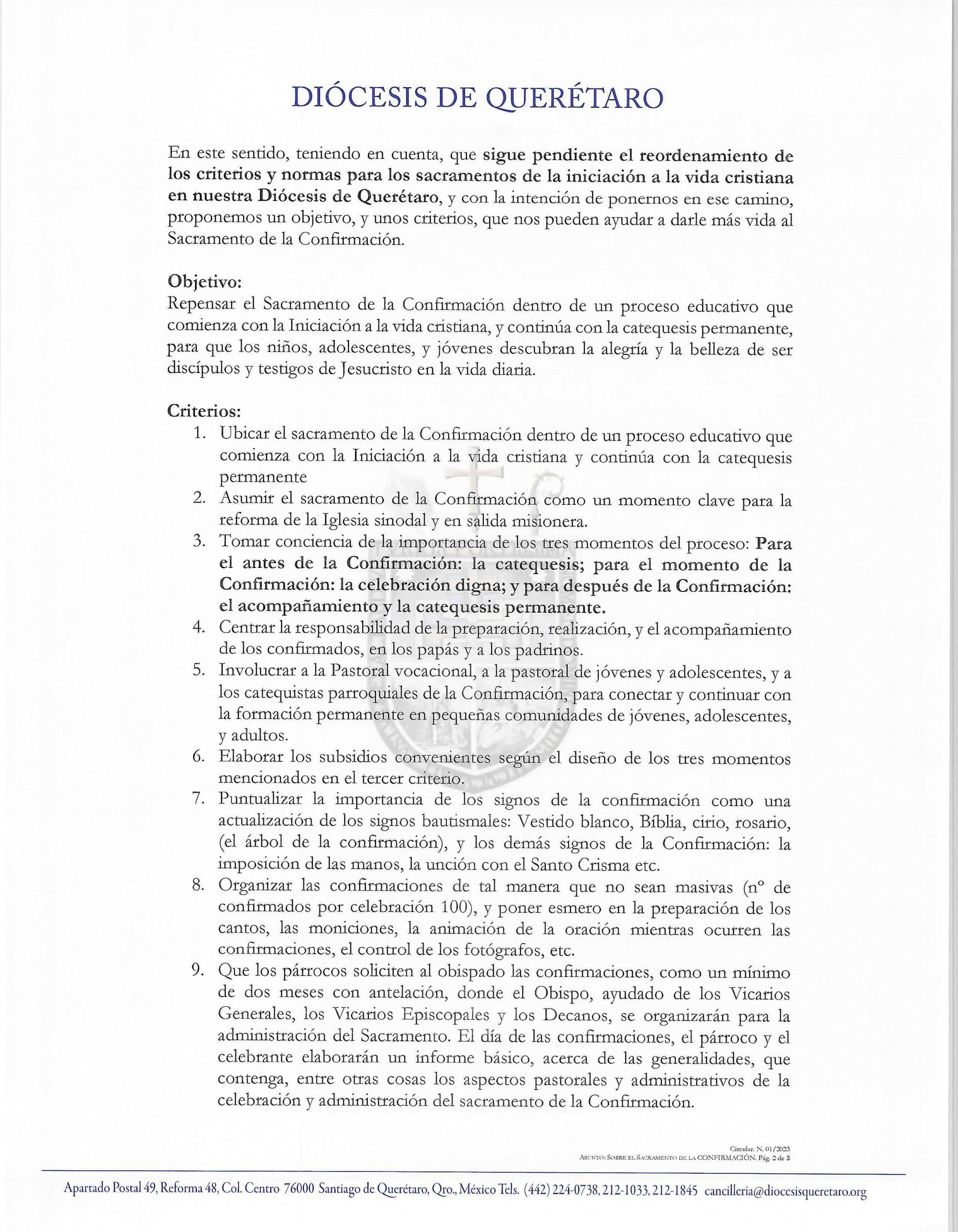 Circular 01 2023 Asunto sobre el Sacramento de la Confirmación. 1