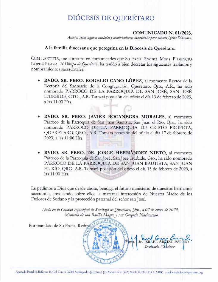 COMUNICADO N. 01/2023 Asunto: Sobre algunos traslados y nombranientos sacerdotales para nuestra Iglesia Diocesana.