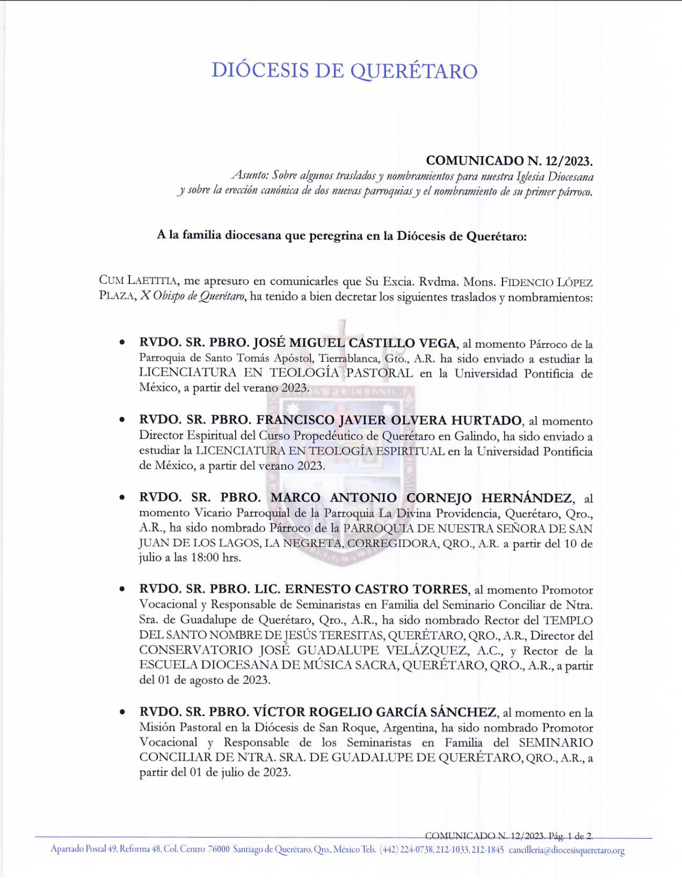 COMUNICADO N. 12/2023. Asunto: Sobre algunos traslados y nombramientos para nuestra Iglesia Diocesana y sobre la erección canónica de dos nuevas parroquias y el nombramiento de su primer párroco.