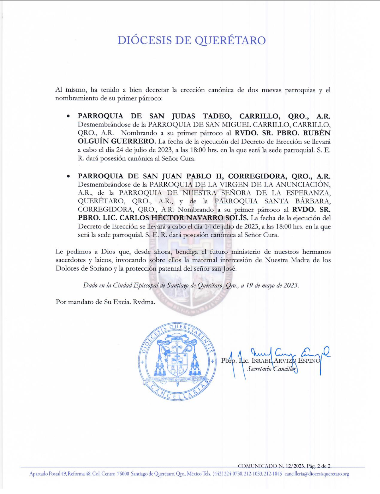 COMUNICADO N. 12/2023. Asunto: Sobre algunos traslados y nombramientos para nuestra Iglesia Diocesana y sobre la erección canónica de dos nuevas parroquias y el nombramiento de su primer párroco. 2