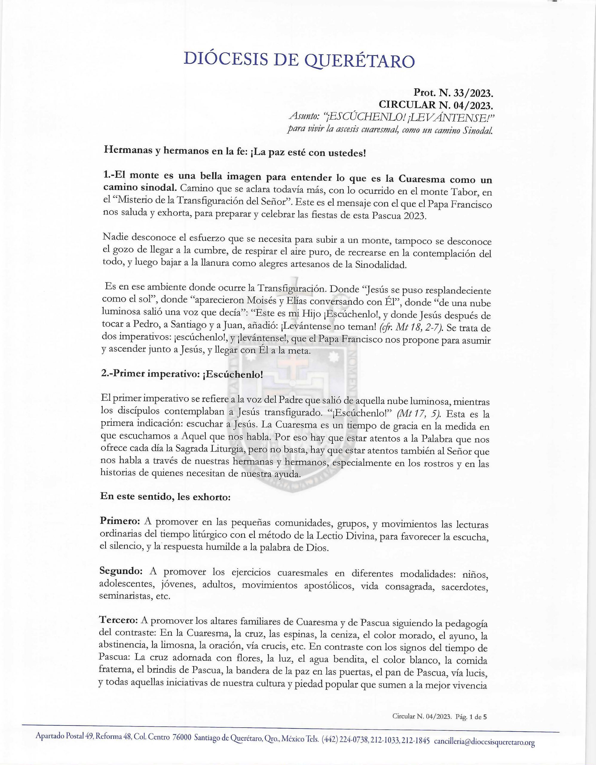 CIRCULAR 04 2023 ¡ESCÚCHENLO! Y ¡LEVÁNTENSE! PARA VIVIR LA ASCESIS CUARESMA 1