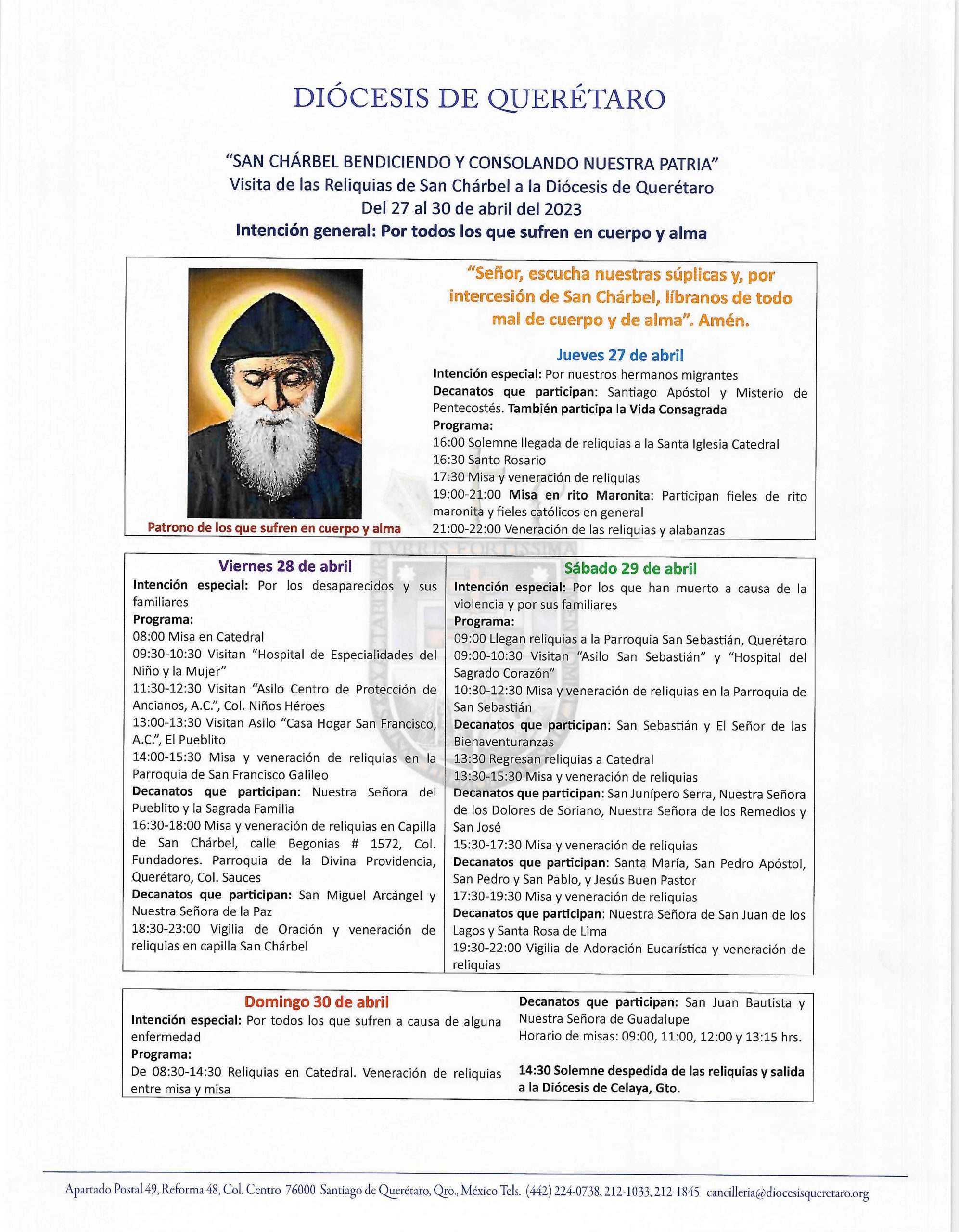 Circular. N. 07/2023. Prot. N. 58/2023. Asunto: Visita de las reliquias de San Chárbel a nuestra Diócesis