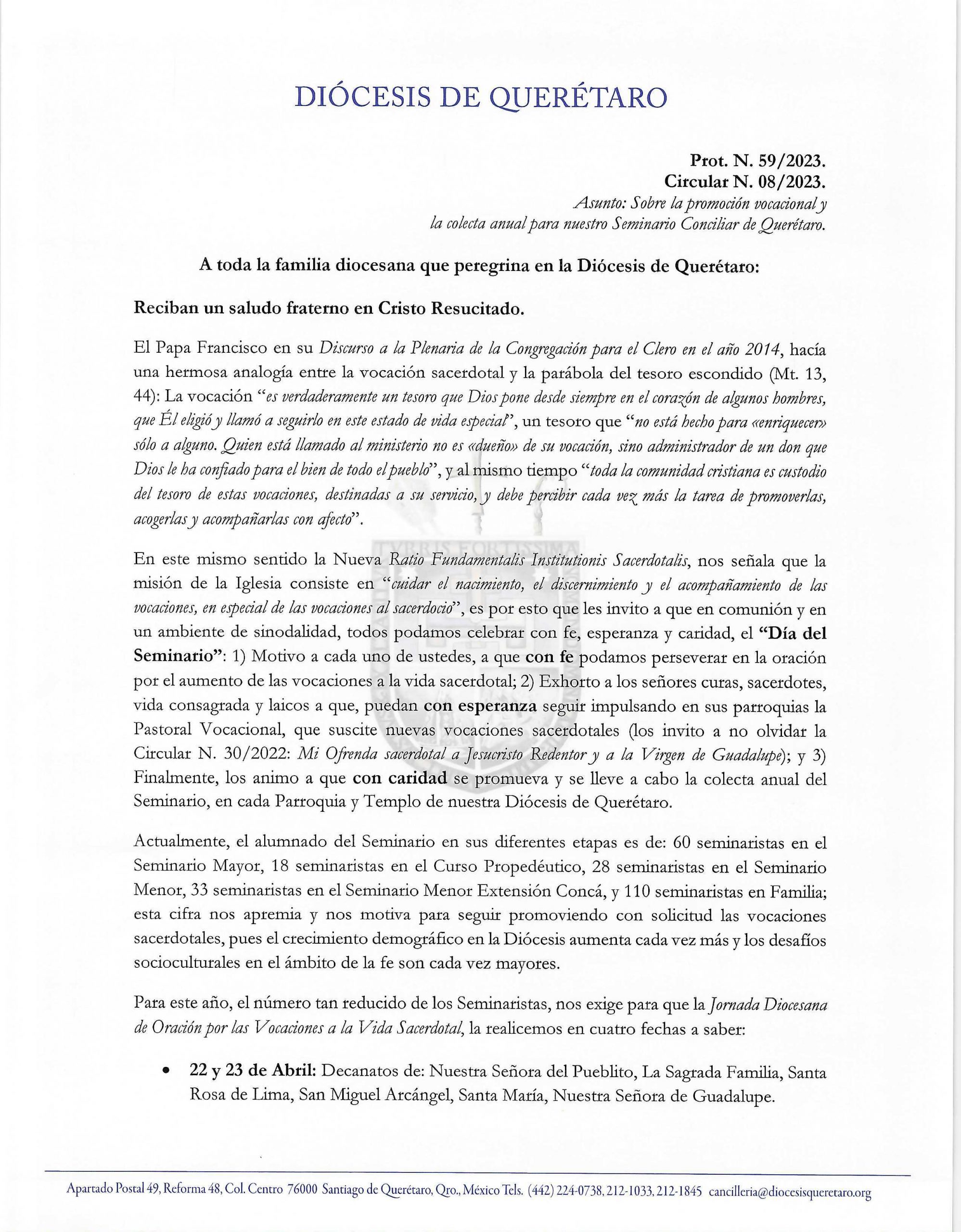 Circular N. 08/2023. Prot. N. 59/2023. Asunto: Sobre la promoción vocacional y la colecta anual para nuestro Seminario Conciliar de Querétaro.