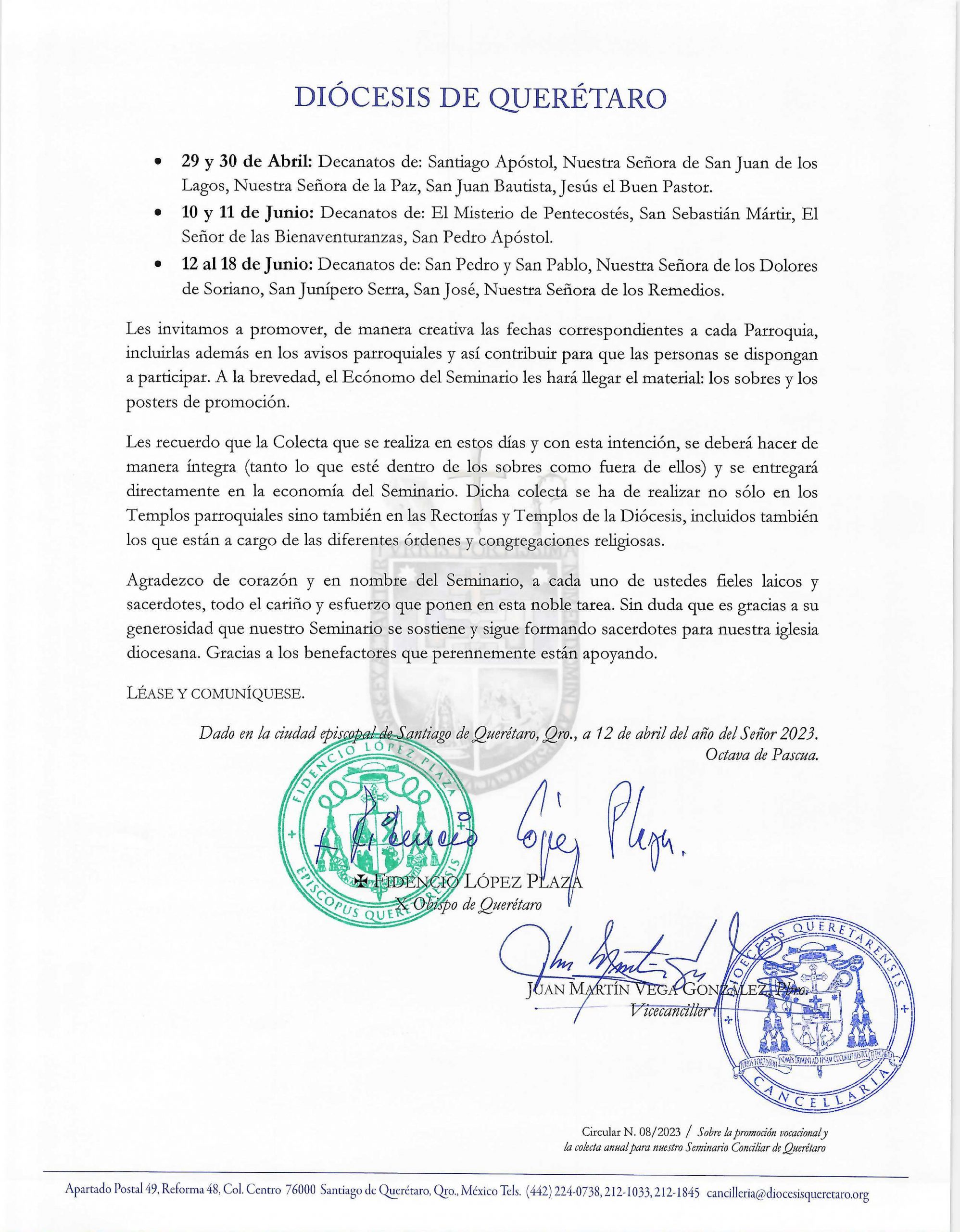 Circular N. 08/2023. Prot. N. 59/2023. Asunto: Sobre la promoción vocacional y la colecta anual para nuestro Seminario Conciliar de Querétaro.