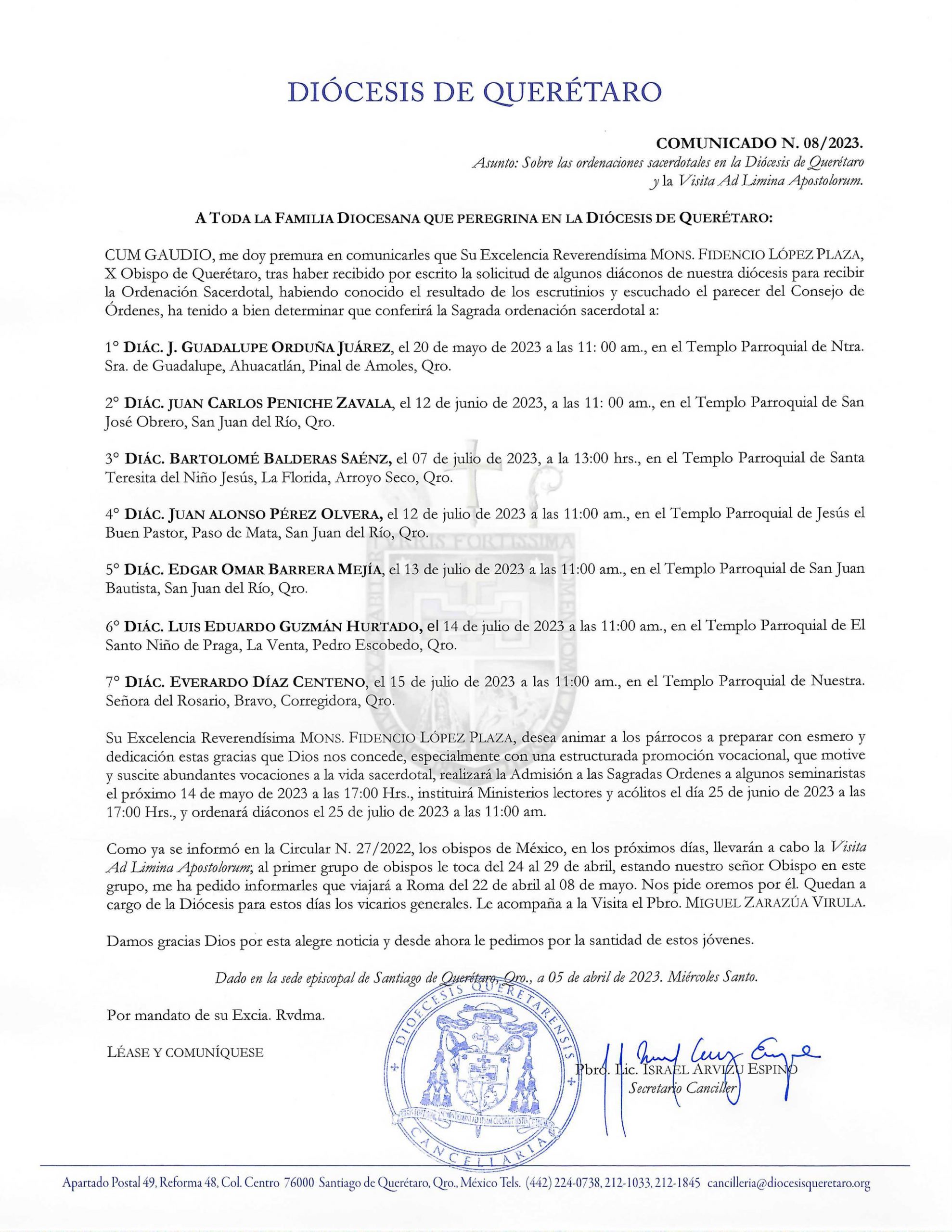 COMUNICADO N. 08/2023. Asunto: Sobre las ordenaciones sacerdotales en la Diócesis de Ouerétaro y la Visita Ad Limina Apostolorum.