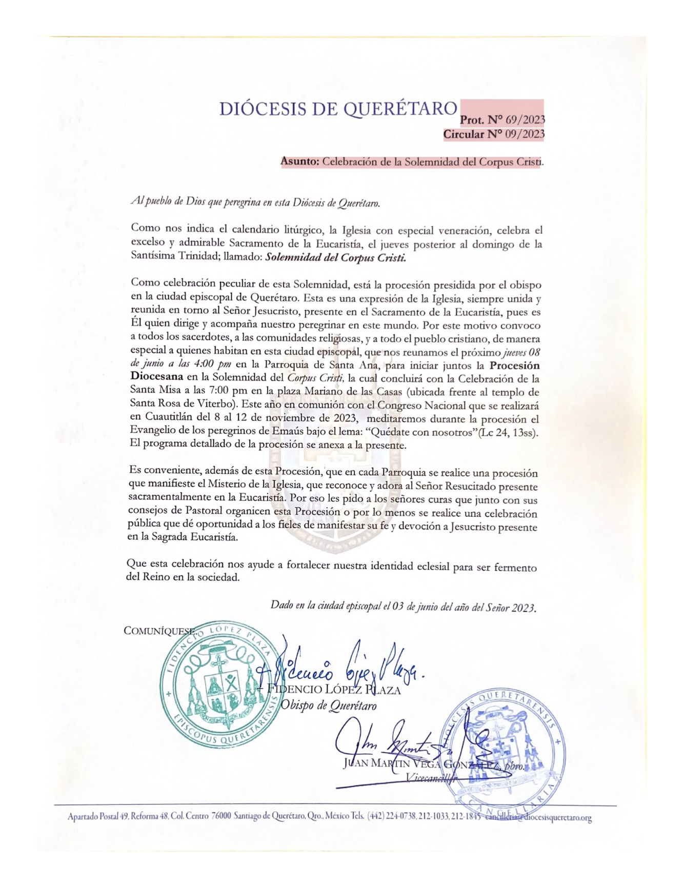 Circular N° 09/2023. Prot. N° 69/2023. Asunto: Celebración de al Solemnidad del Corpus Cristi.