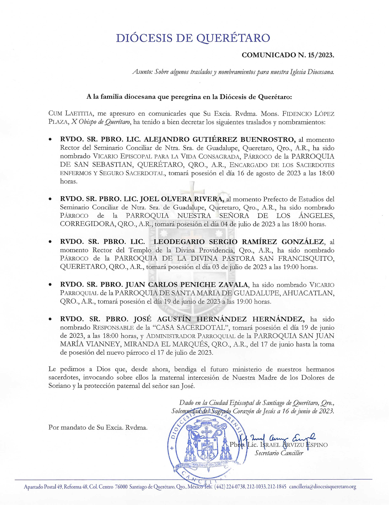 COMUNICADO N. 15/2023. Asunto: Sobre algunos traslados ynombramientos para nuestra Iglesia Diocesana.