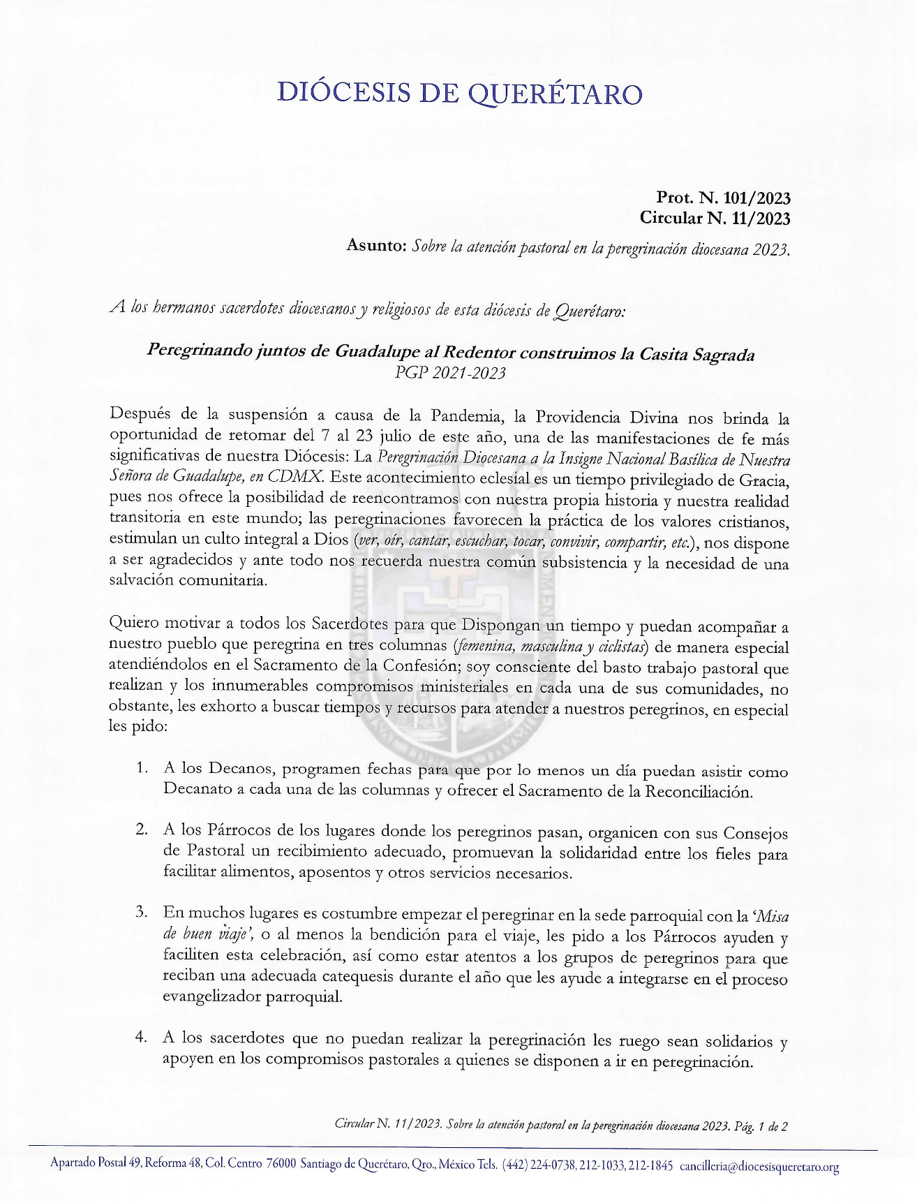 Circular N° 11/2023. Prot. N° 101/2023. Asunto: Sobre la atención pastoral en la peregrinación diocesana 2023.