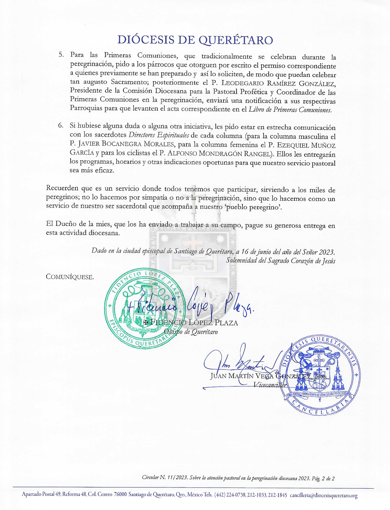 Circular N° 11/2023. Prot. N° 101/2023. Asunto: Sobre la atención pastoral en la peregrinación diocesana 2023. 2