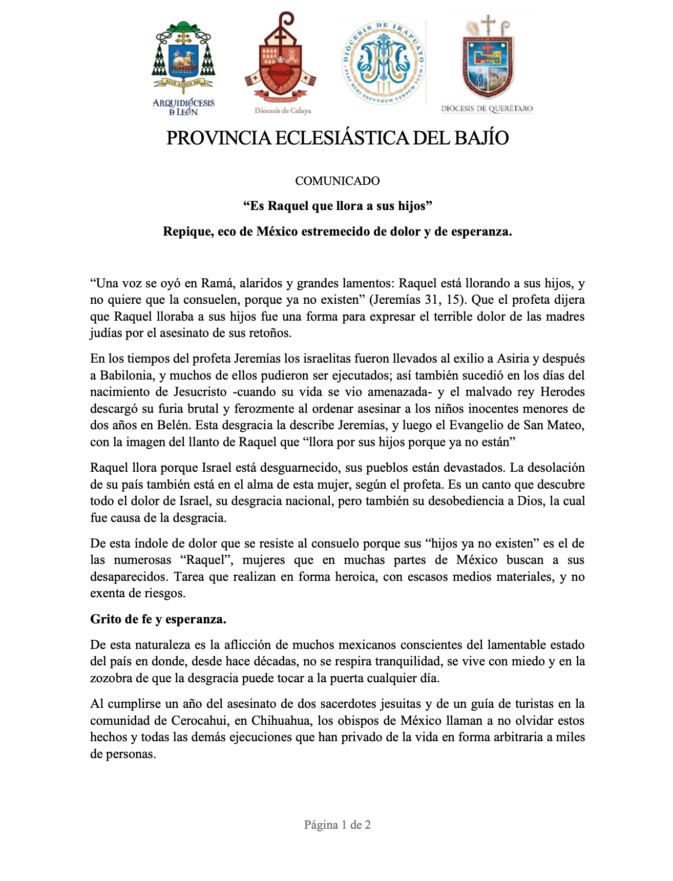 COMUNICADO de la Provincia Eclesiástica del Bajío. 17/06/2023. “Es Raquel que llora a sus hijos” Repique, eco de México estremecido de dolor y de esperanza.