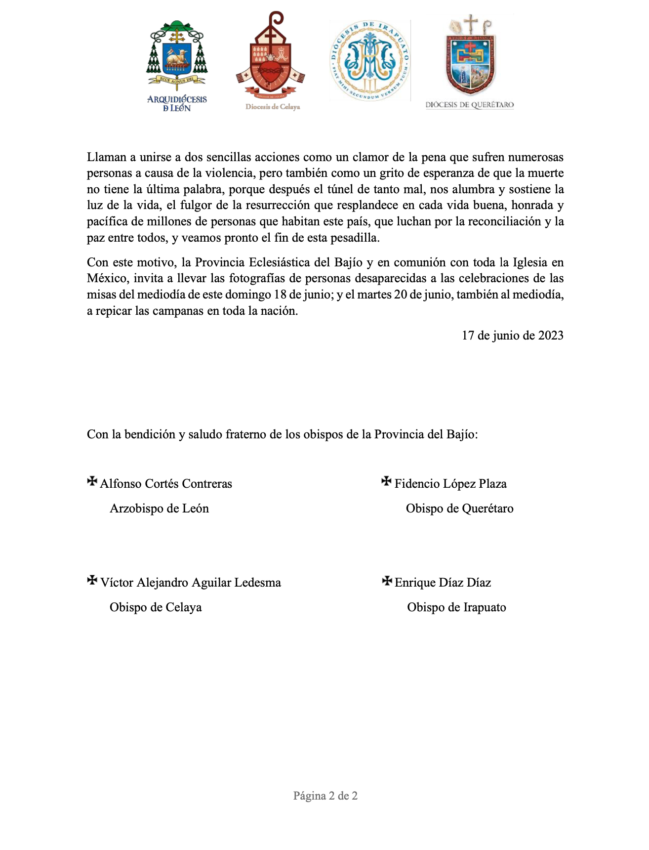 COMUNICADO de la Provincia Eclesiástica del Bajío. 17/06/2023. “Es Raquel que llora a sus hijos” Repique, eco de México estremecido de dolor y de esperanza. 2