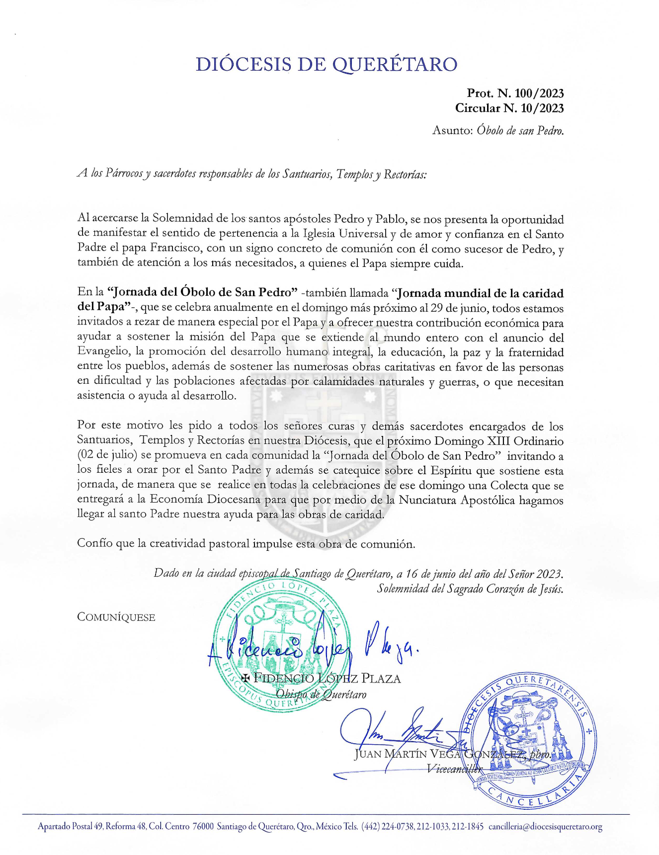 Circular N° 10/2023. Prot. N° 100/2023. Asunto: Óbolo de san Pedro.