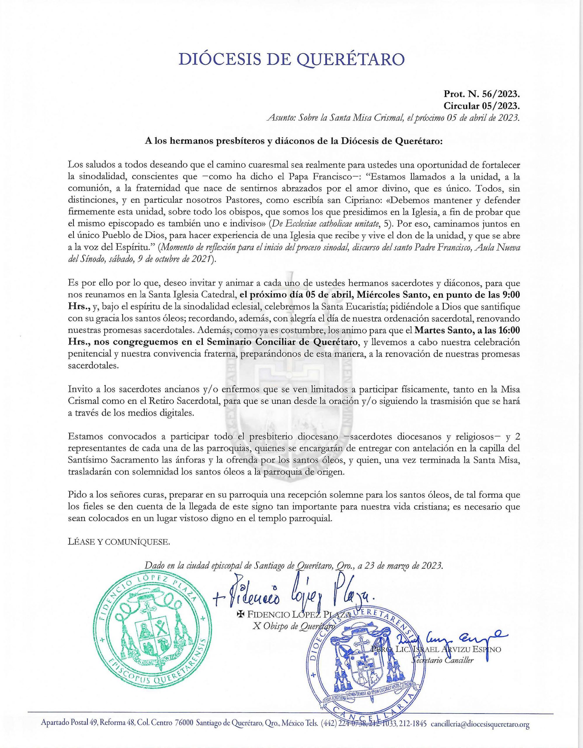 Circular 05/2023. Prot. N. 56/2023. Asunto: Sobre la Santa Misa Crismal, el próximo 05 de abril de 2023.