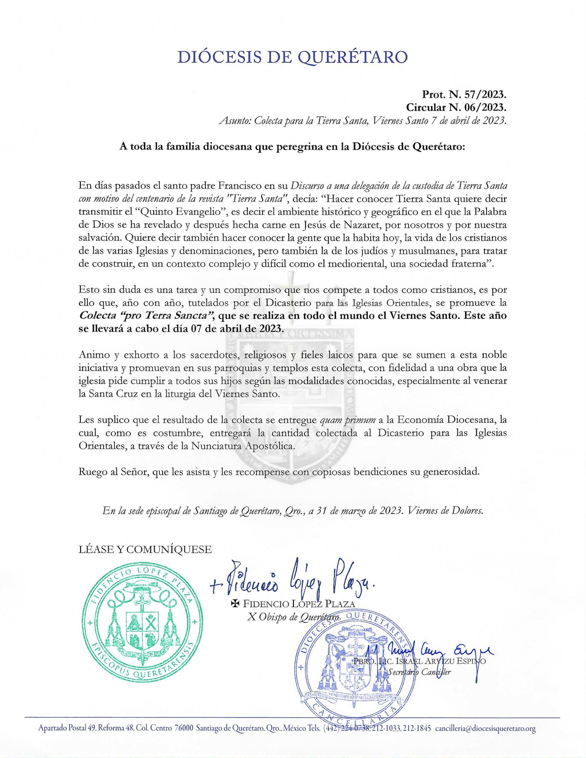 Circular N. 06/2023. Prot. N. 57/2023. Asunto: Colecta para la Tierra Santa, Viernes Santo 7 de abril de 2023.