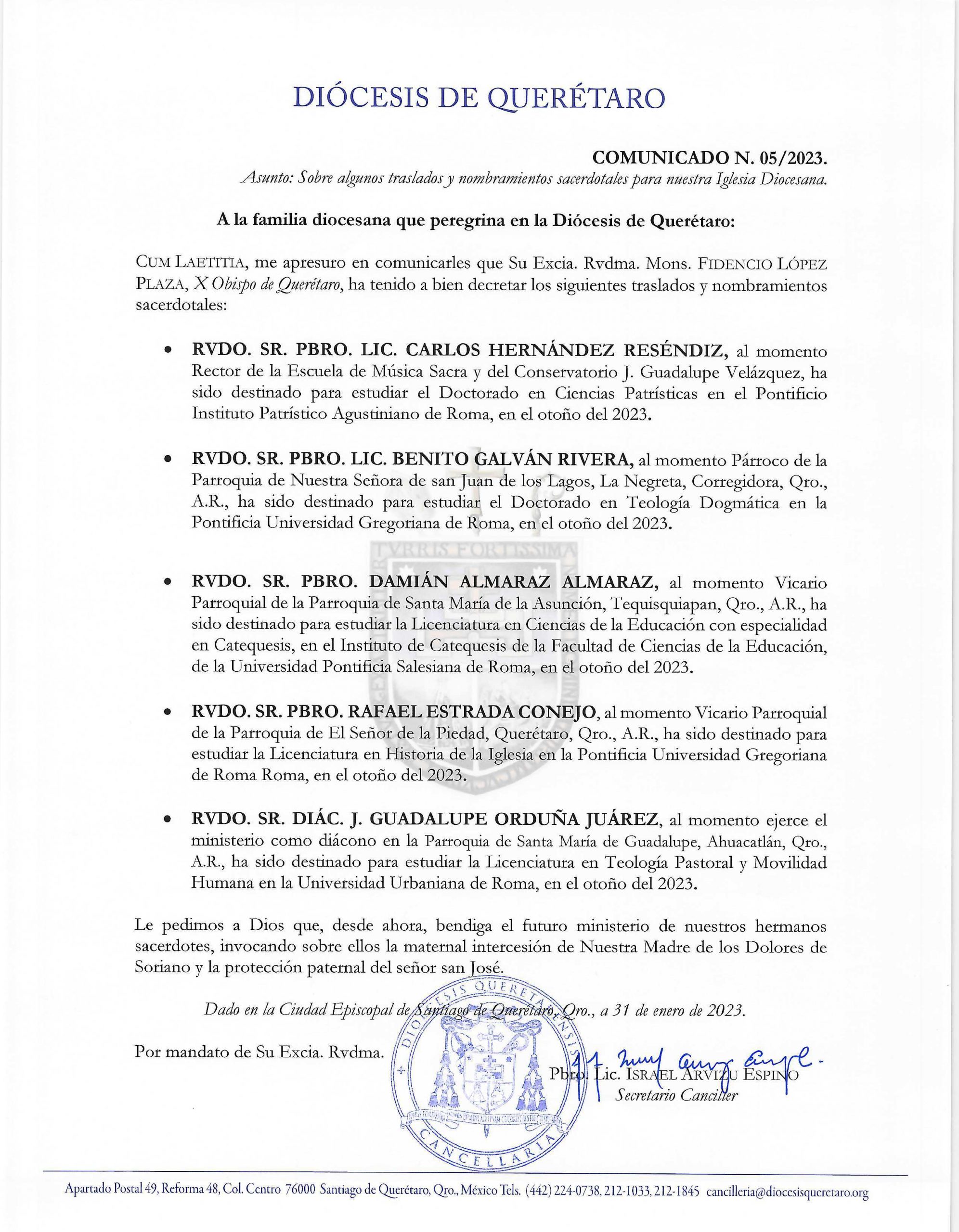 COMUNICADO N. 05/2023. Asunto: Sobre algunos traslados y nombramientos sacerdotales para nuestra Iglesia Diocesana.