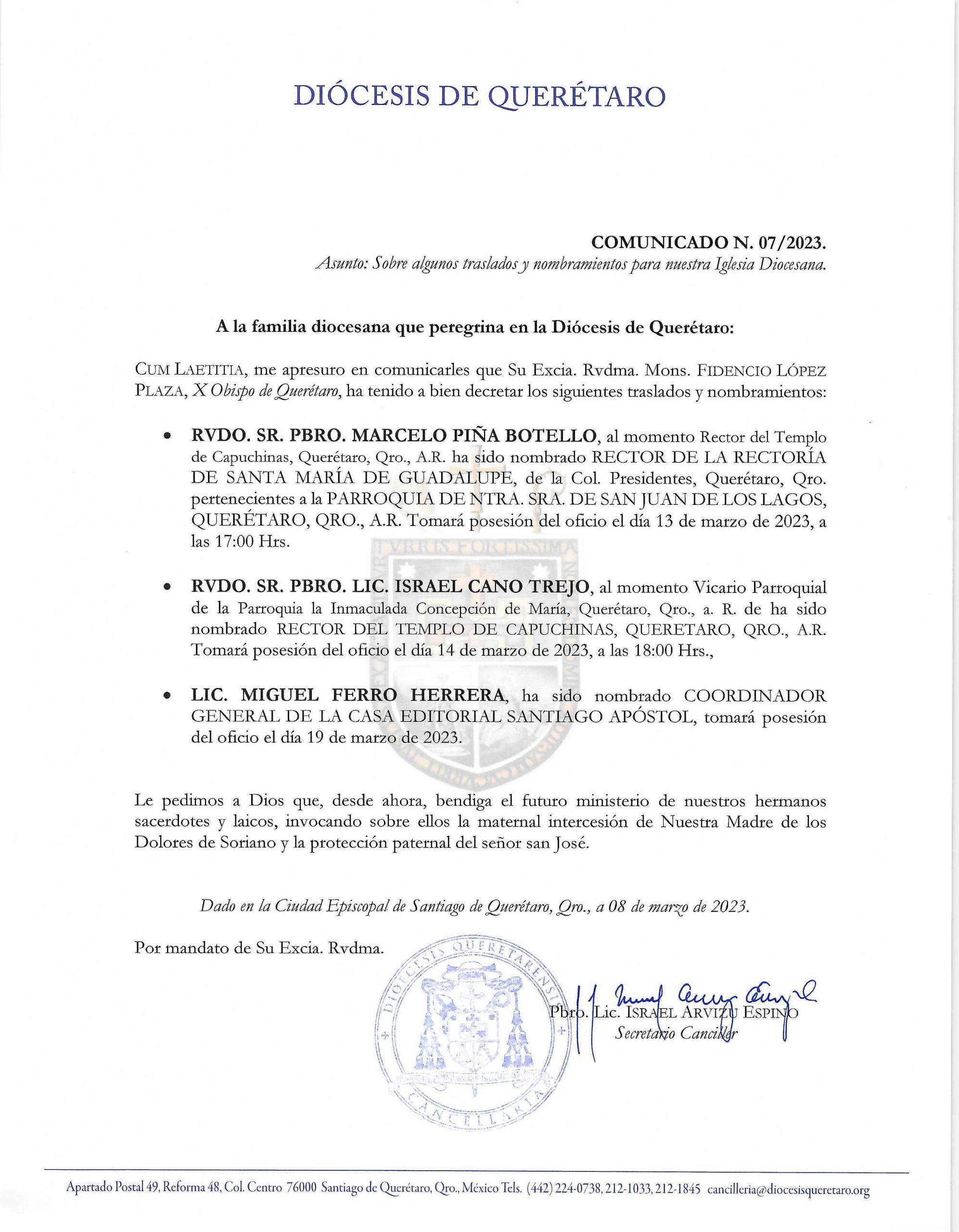 COMUNICADO N. 07/2023. Asunto: Sobre algunos traslados y nombramientos para nuestra Iglesia Diocesana.