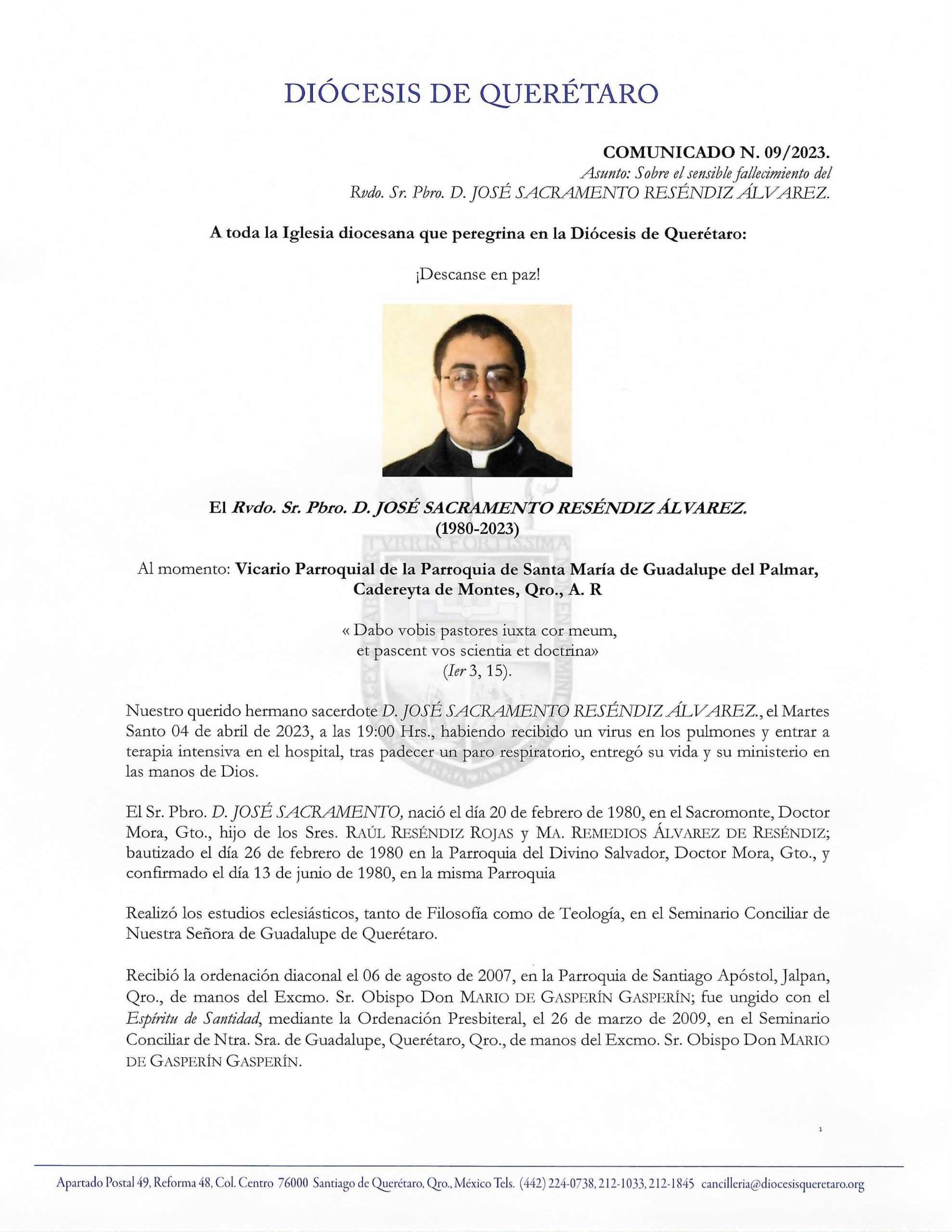 COMUNICADO N. 09/2023. Asunto: Sobre el sensible fallecimiento del Rudo. Sr. Pbro. D. JOSE SACRAMENTO RESENDIZ ALVAREZ.