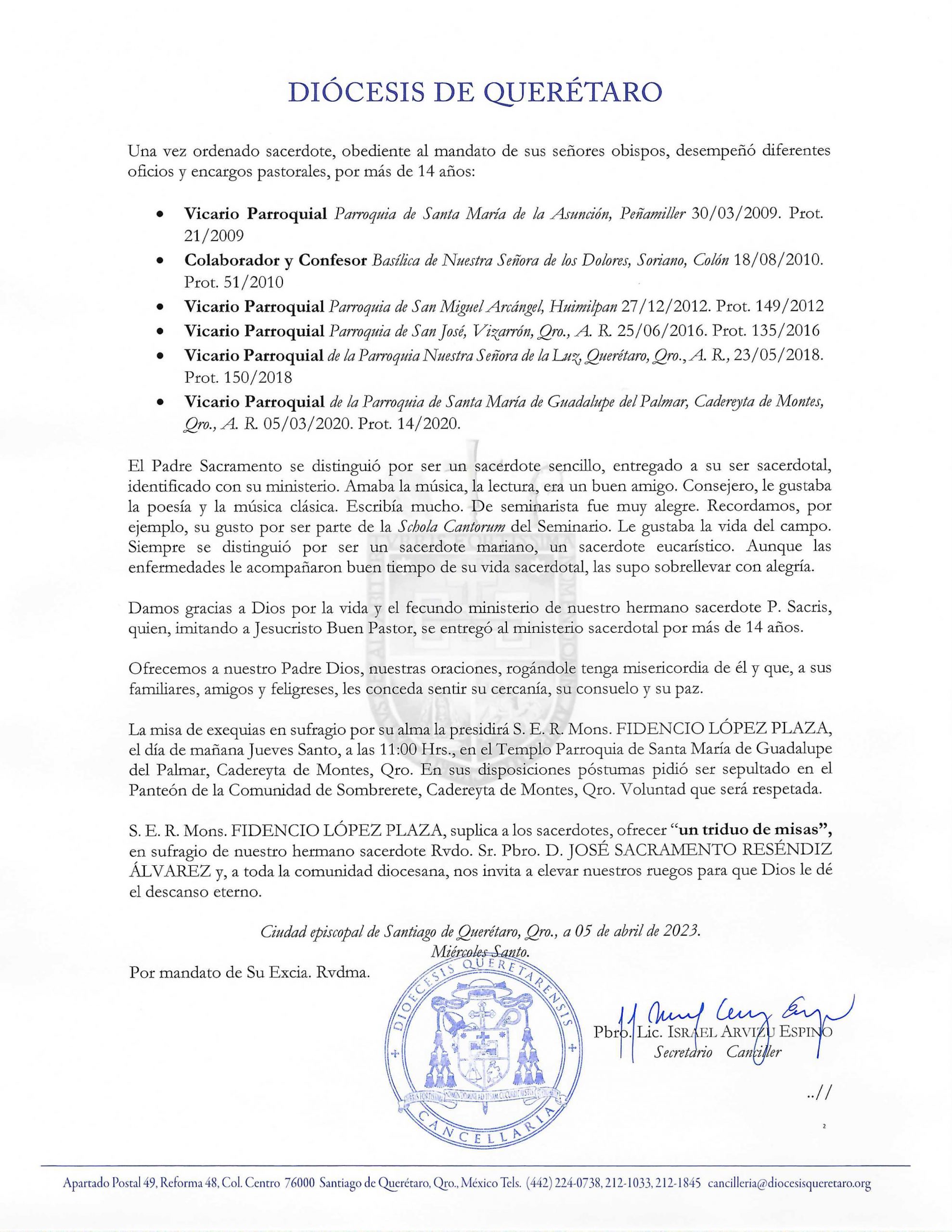 COMUNICADO N. 09/2023. Asunto: Sobre el sensible fallecimiento del Rudo. Sr. Pbro. D. JOSE SACRAMENTO RESENDIZ ALVAREZ. 2