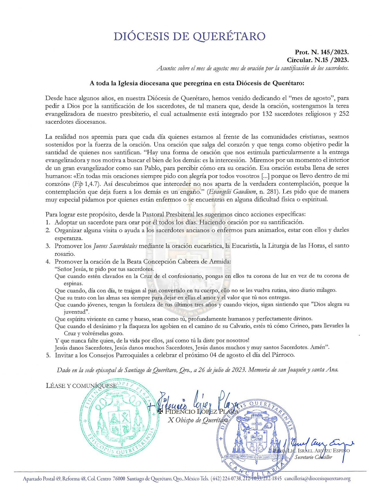 Circular. N.15 / 2023. Prot. N. 145/2023. Asunto: sobre el mes de agosto: mes de oración por la santificación de Los sacerdotes.