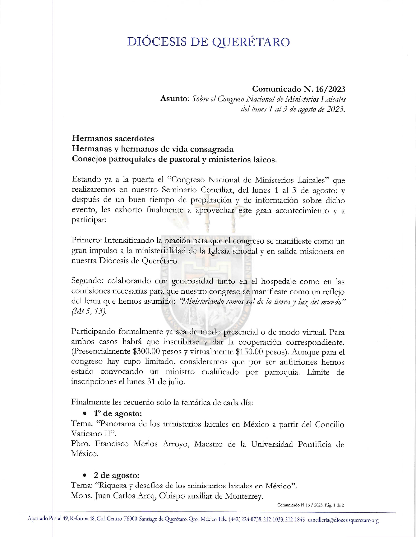 Comunicado N. 16/2023 Asunto: Sobre el Congreso Nacional de Ministerios Laicales del lunes 1al 3de agosto de 2023-1