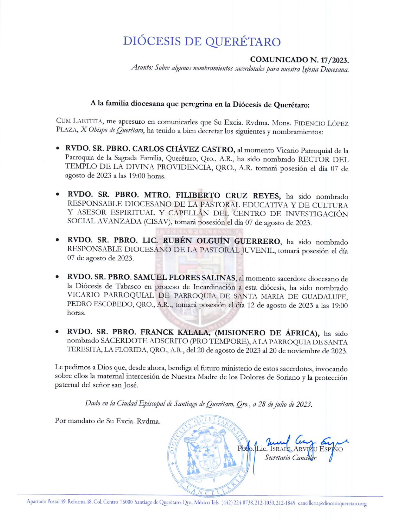 COMUNICADO N. 17/2023. Asunto: Sobre algunos nombramientos sacerdotales para nuestra Iglesia Diocesana.