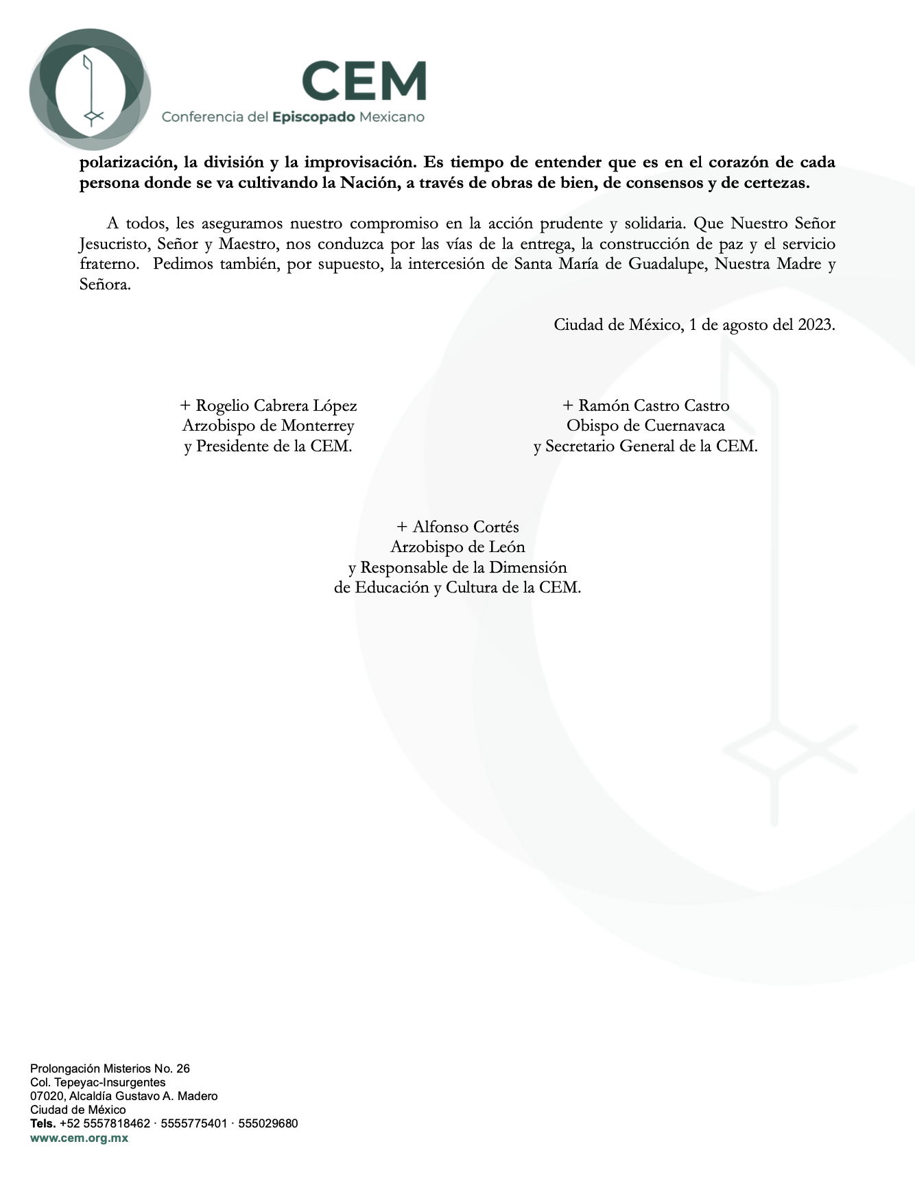 MENSAJE DE LA CONFERENCIA DEL EPISCOPADO MEXICANO FRENTE AL CICLO ESCOLAR 2023-2024. “PRIORICEMOS EL FORTALECIMIENTO DE CADA COMUNIDAD EDUCATIVA, EN BENEFICIO DE TODOS LOS NIÑOS, NIÑAS, ADOLESCENTES Y JÓVENES”-3