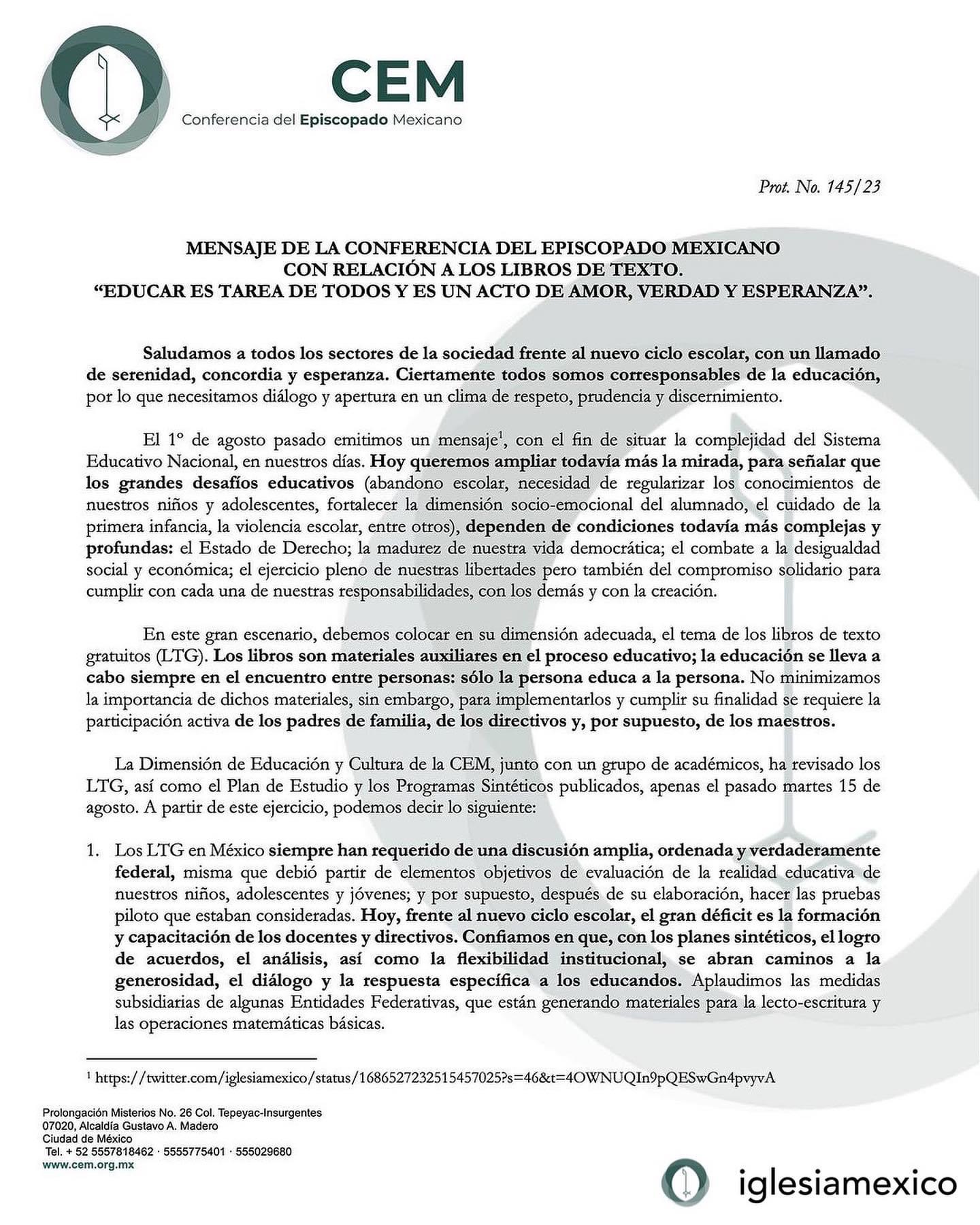 MENSAJE DE LA CONFERENCIA DEL EPISCOPADO MEXICANO CON RELACIÓN A LOS LIBROS DE TEXTO. "EDUCAR ES TAREA DE TODOS Y ES UN ACTO DE AMOR, VERDAD Y ESPERANZA".