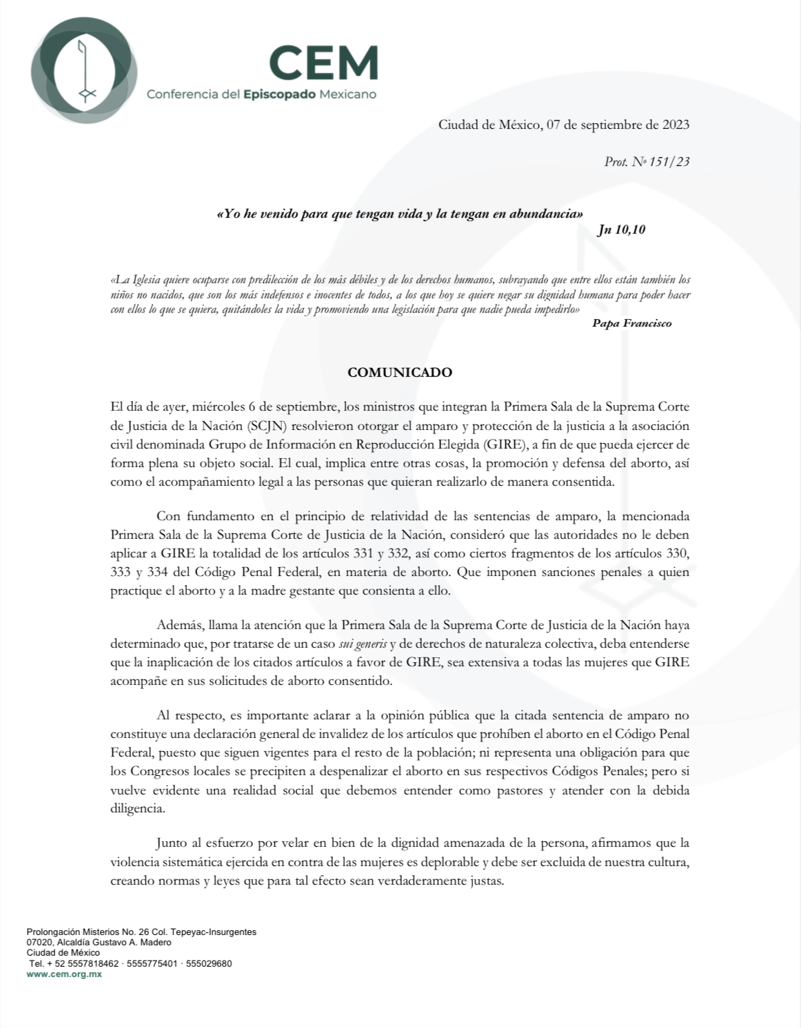 Prot. N° 151/23 «Yo he venido para que tengan vida y la tengan en abundancia» Jn 10,10-1