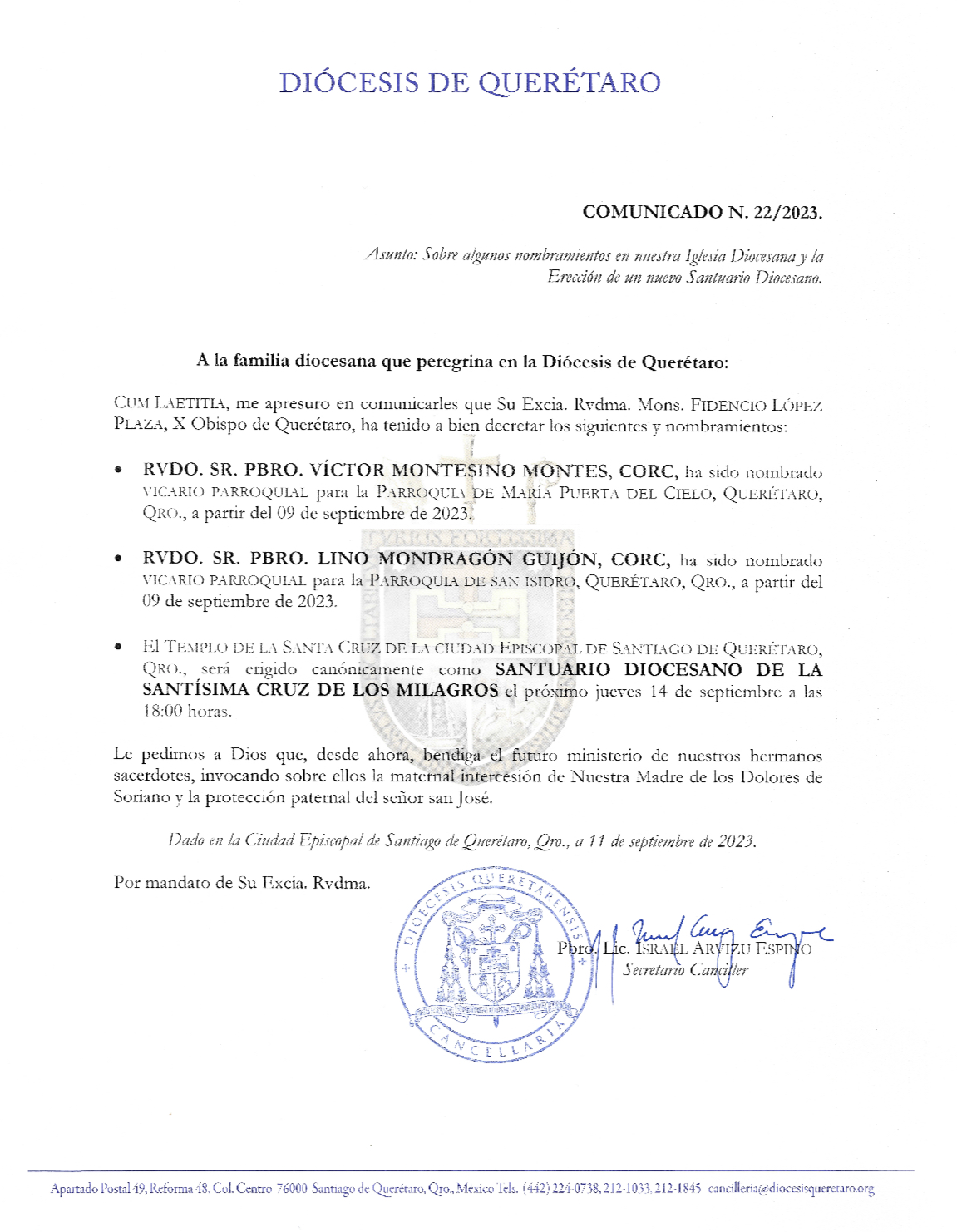 Comunicado N. 22/2023. Asunto: Sobre algunos nombramientos en nuestra Iglesia Diocesana y la Erección de un nuevo Santuario Diocesano