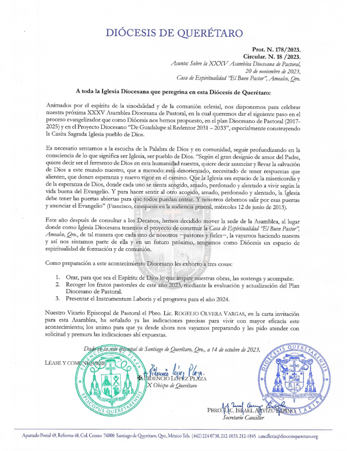 Asunto: Sobre la XXXV Asamblea Diocesana de Pastoral, 20 de noviembre de 2023, Casa de Espiritualidad "El Buen Pastor". Amealco, Querétaro. 1