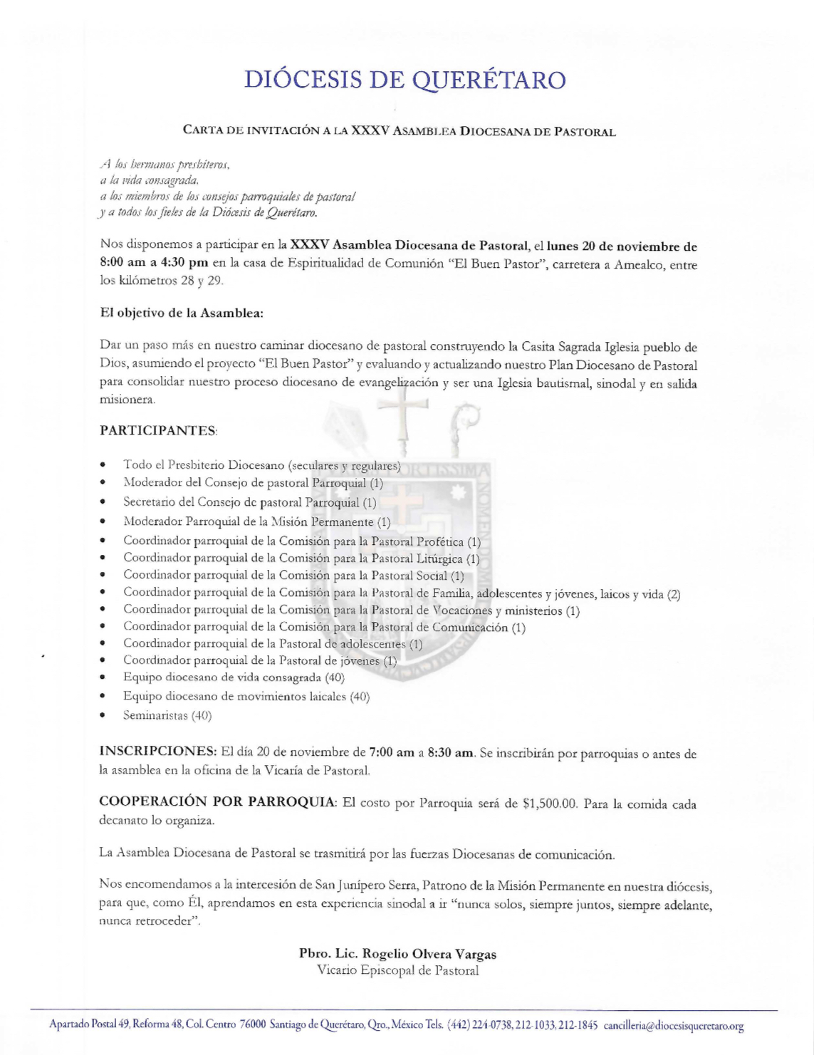 Asunto: Sobre la XXXV Asamblea Diocesana de Pastoral, 20 de noviembre de 2023, Casa de Espiritualidad "El Buen Pastor". Amealco, Querétaro. 2