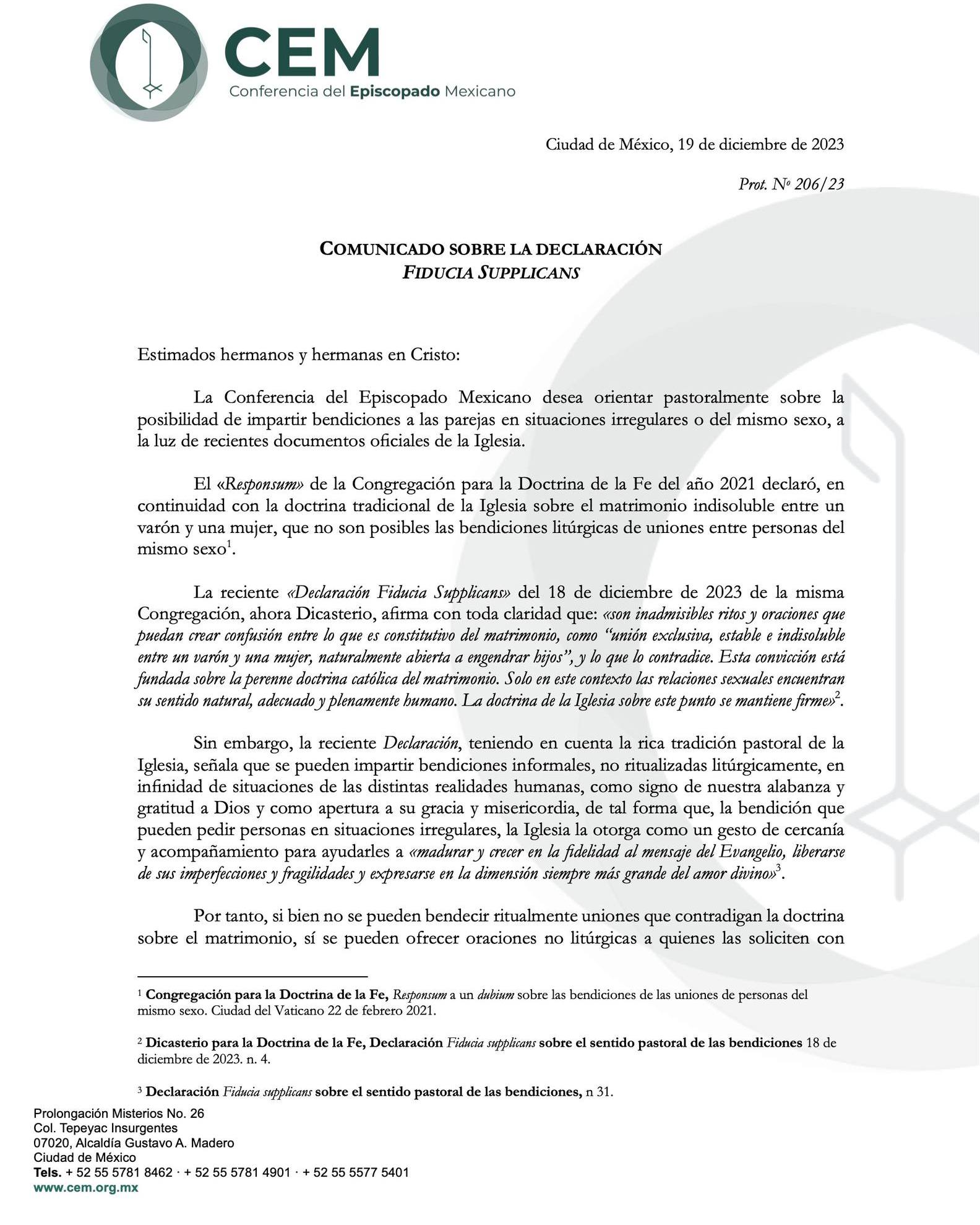 Portada COMUNICADO SOBRE LA DECLARACIÓN "FIDUCIA SUPPLICANS". 