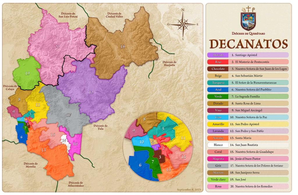 Mapa de los 20 decanatos de la diócesis de Querétaro.