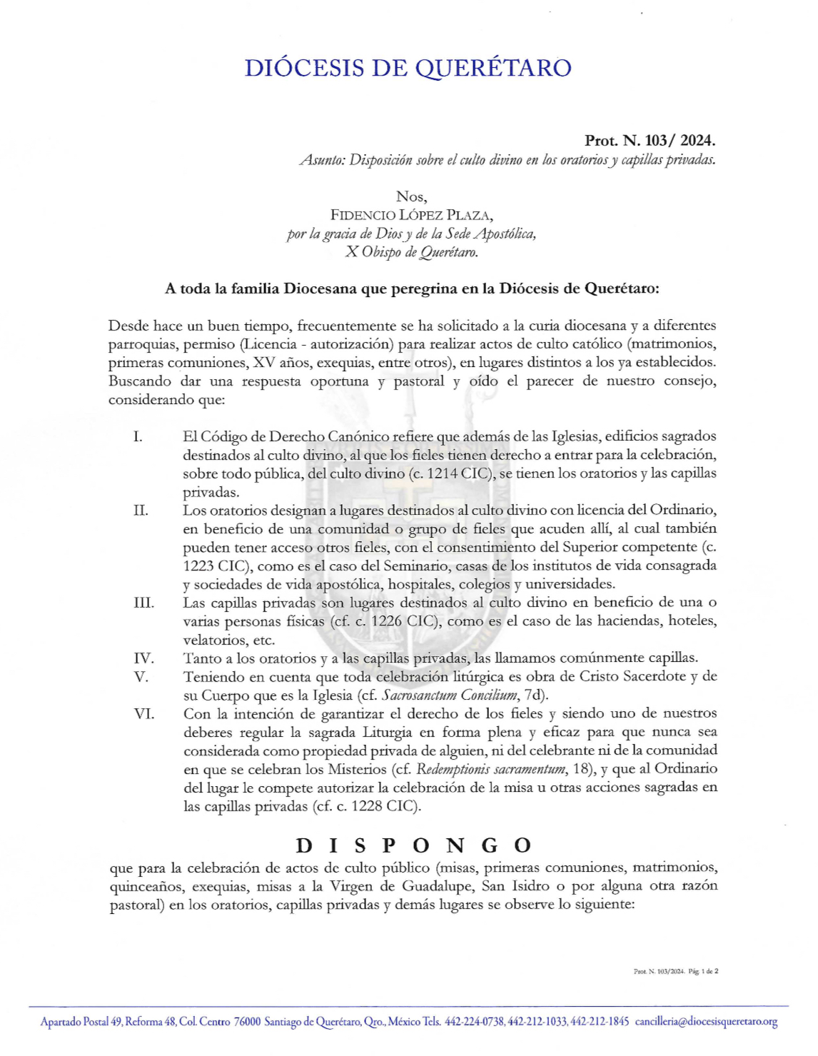 Prot. N. 103/ 2024. Asunto: Disposición sobre el culto divino en los oratorios y capillas privadas.