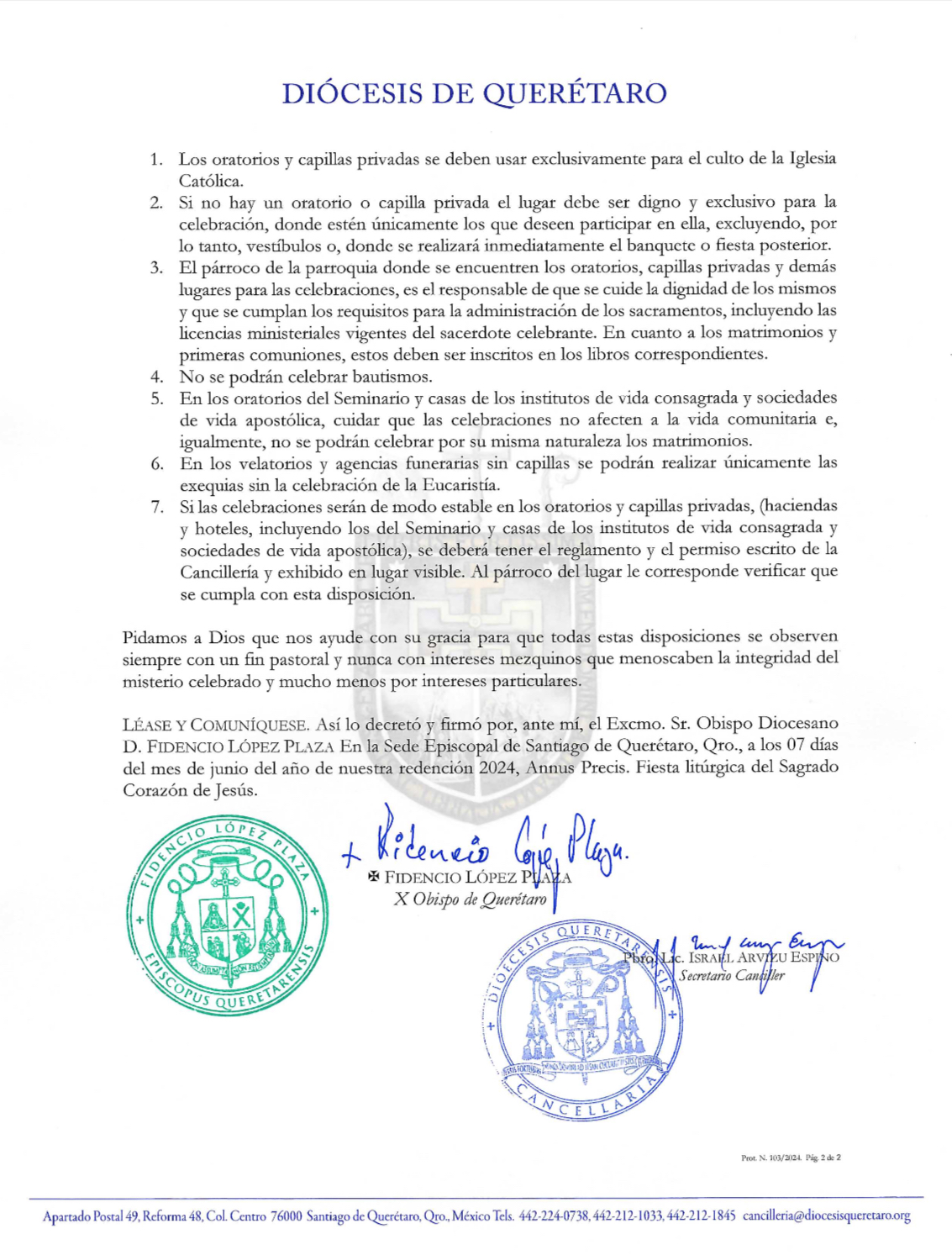 Prot. N. 103/ 2024. Asunto: Disposición sobre el culto divino en los oratorios y capillas privadas. 2