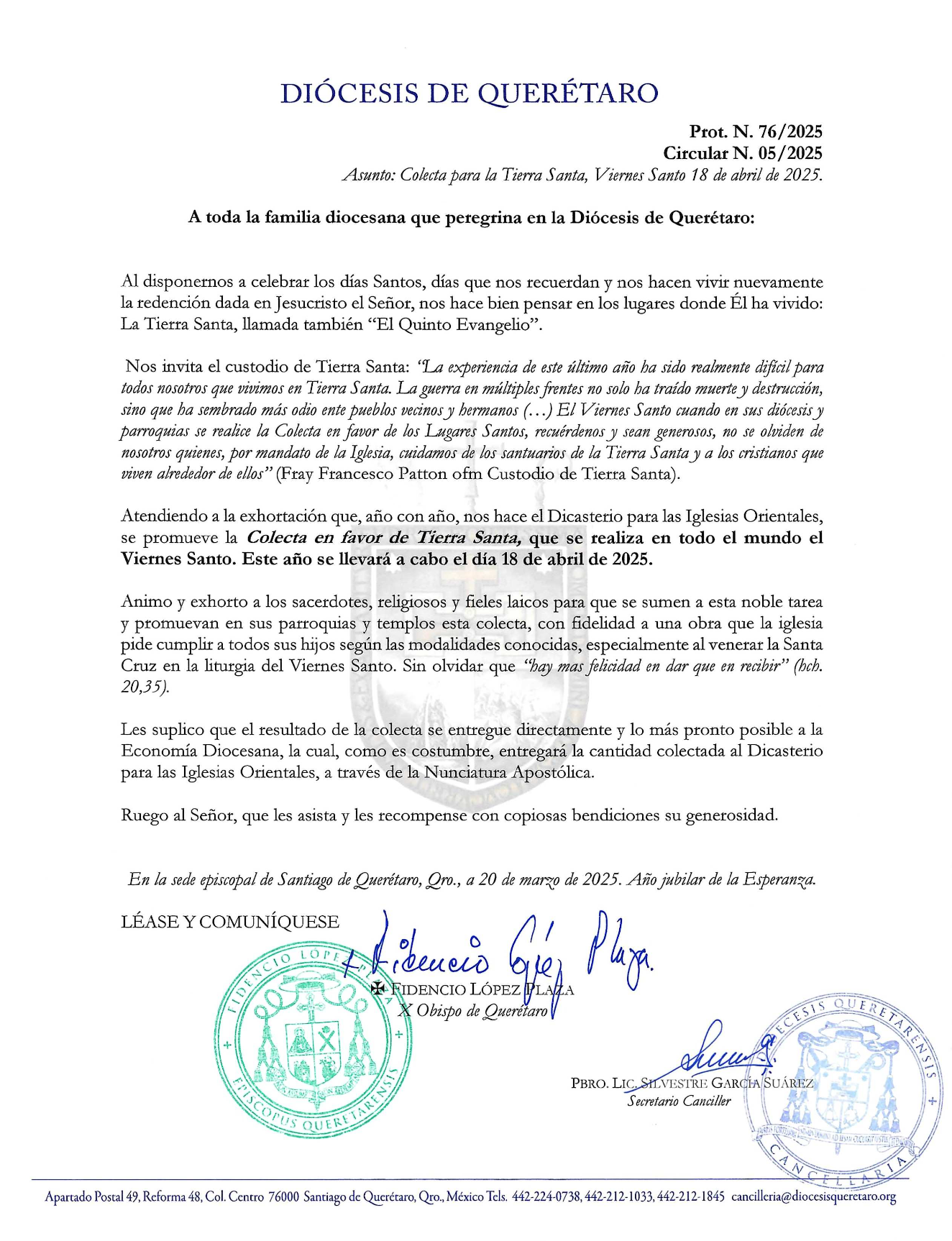  Prot. N. 76/2025. Circular N. 05/2025. Asunto: Colecta para la Tierra Santa, Viernes Santo 18 de abril de 2025.