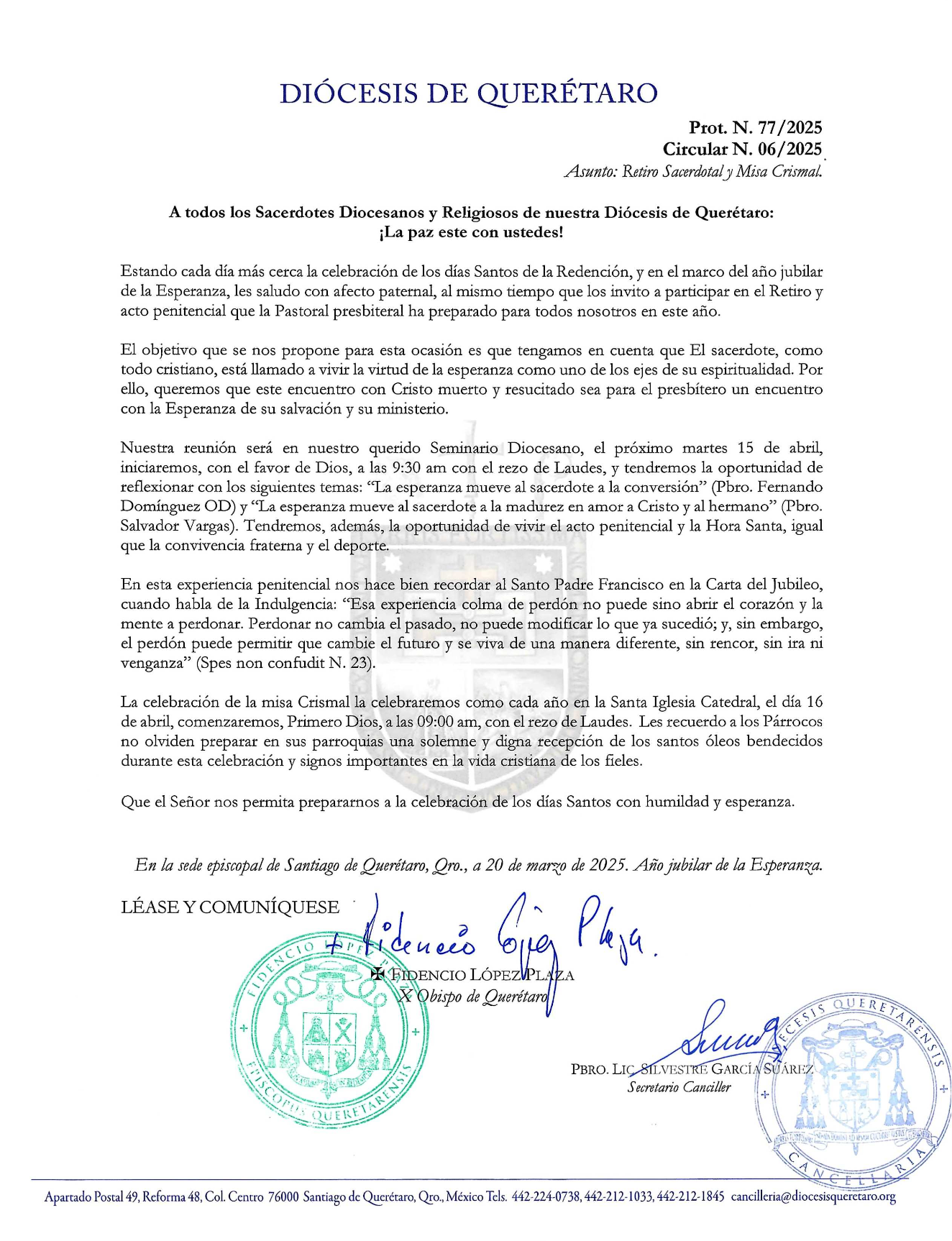 Prot. N. 77/2025. Circular N. 06/2025. Asunto: Retiro Sacerdotal y Misa Crismal.