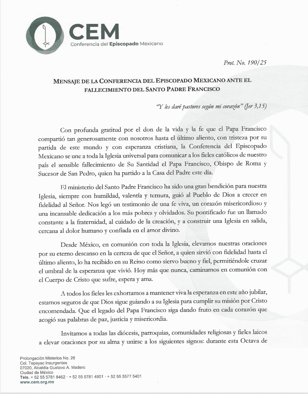 Prot. No. 190/25 MENSAJE DE LA CONFERENCIA DEL EPISCOPADO MEXICANO ANTE EL FALLECIMIENTO DEL SANTO PADRE FRANCISCO