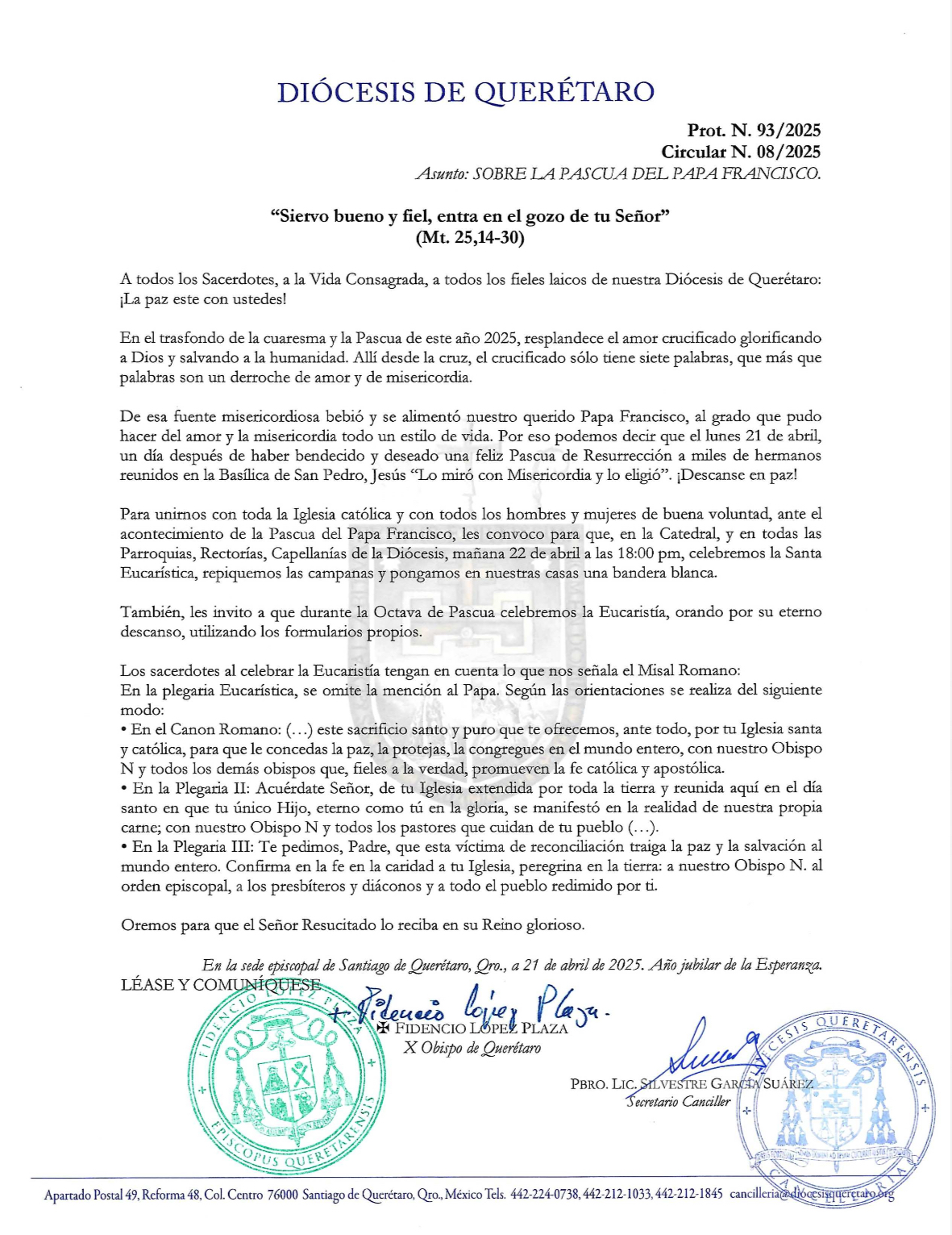 Prot. N. 93/2025. Circular N. 08/2025 Asunto: SOBRE LA PASCUA DEL PAPA FRANCISCO.