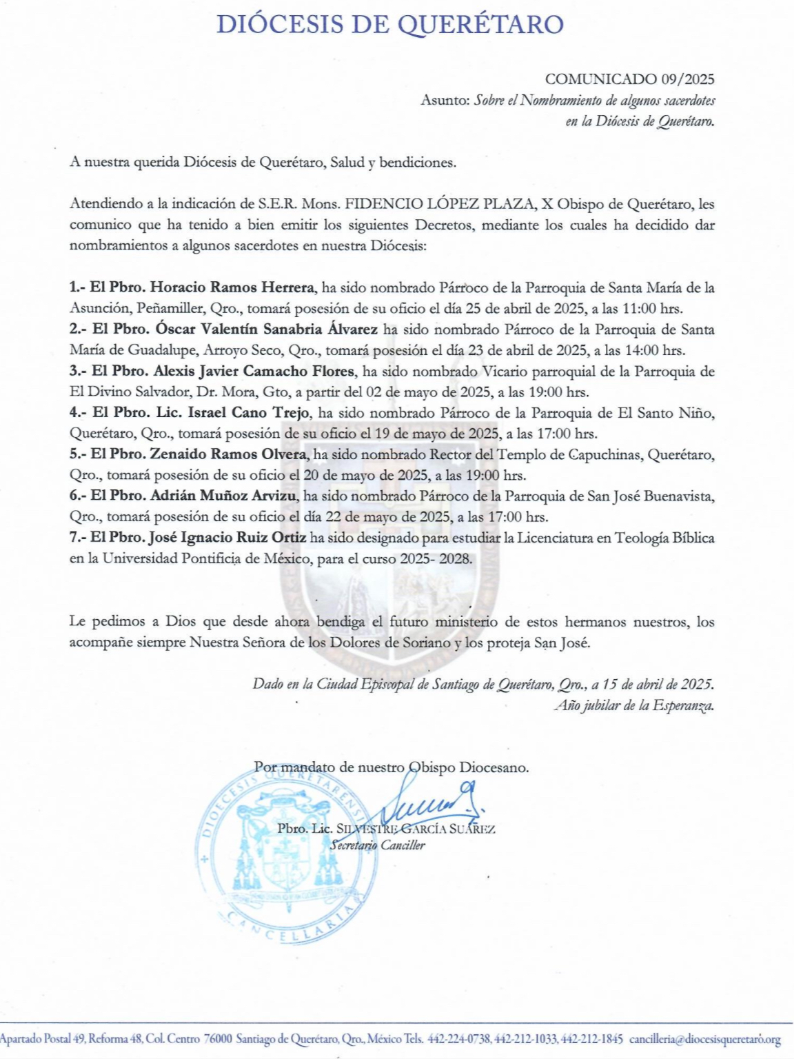 COMUNICADO 09/2025 Asunto: Sobre el Nombramiento de algunos sacerdotes en la Diócesis de Querétaro.