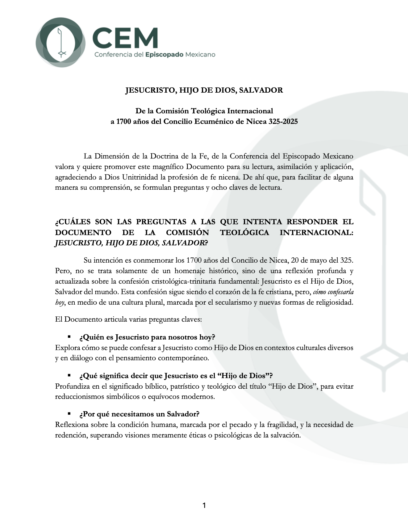JESUCRISTO, HIJO DE DIOS, SALVADOR. De la Comisión Teológica Internacional a 1700 años del Concilio Ecuménico de Nicea 325-2025-1